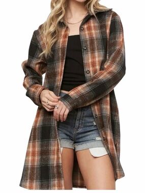 Adora Plaid Button Up Shacket with Pockets Black & Rust Size Large